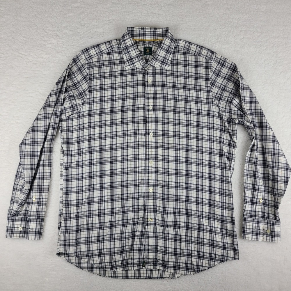 Robert Talbott Shirt Mens XL Brown Navy Blue Plaid Trim Fit Dress Button Up